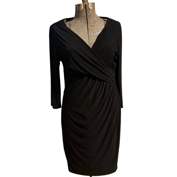 Lauren Ralph Lauren Black Faux Wrap Dress Ruched Sheath 16 Cocktail Career Work - Picture 1 of 7
